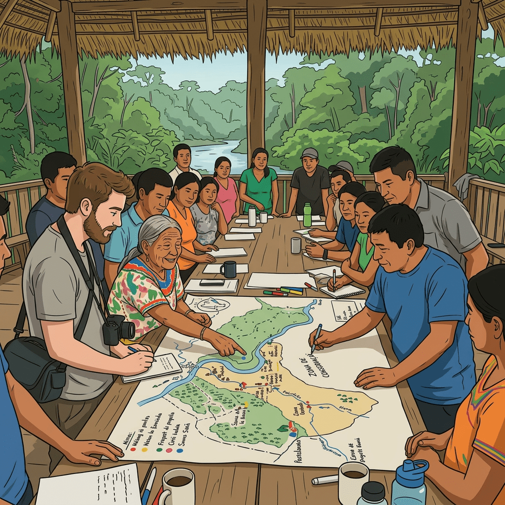 Group of people gathered around a table with a large conservation area map