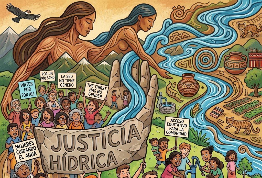Diverse group holding signs advocating for water justice and equal access around a river and hand sculpture